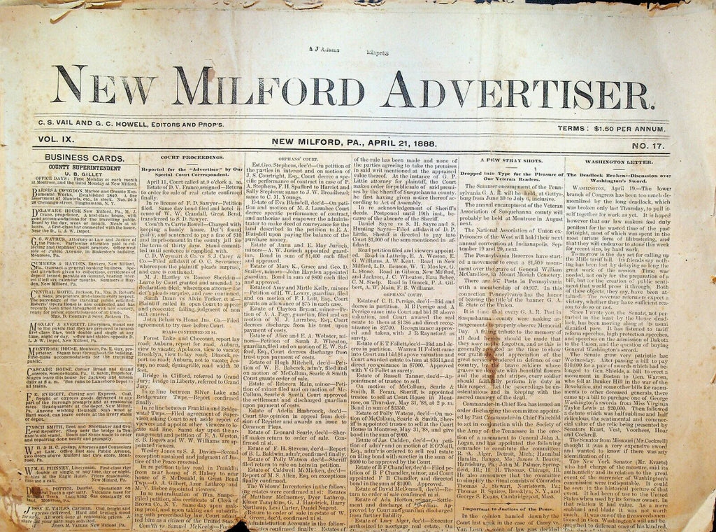 New Milford Pa Advertiser Newspaper April 21 1888 Roscoe Conkling