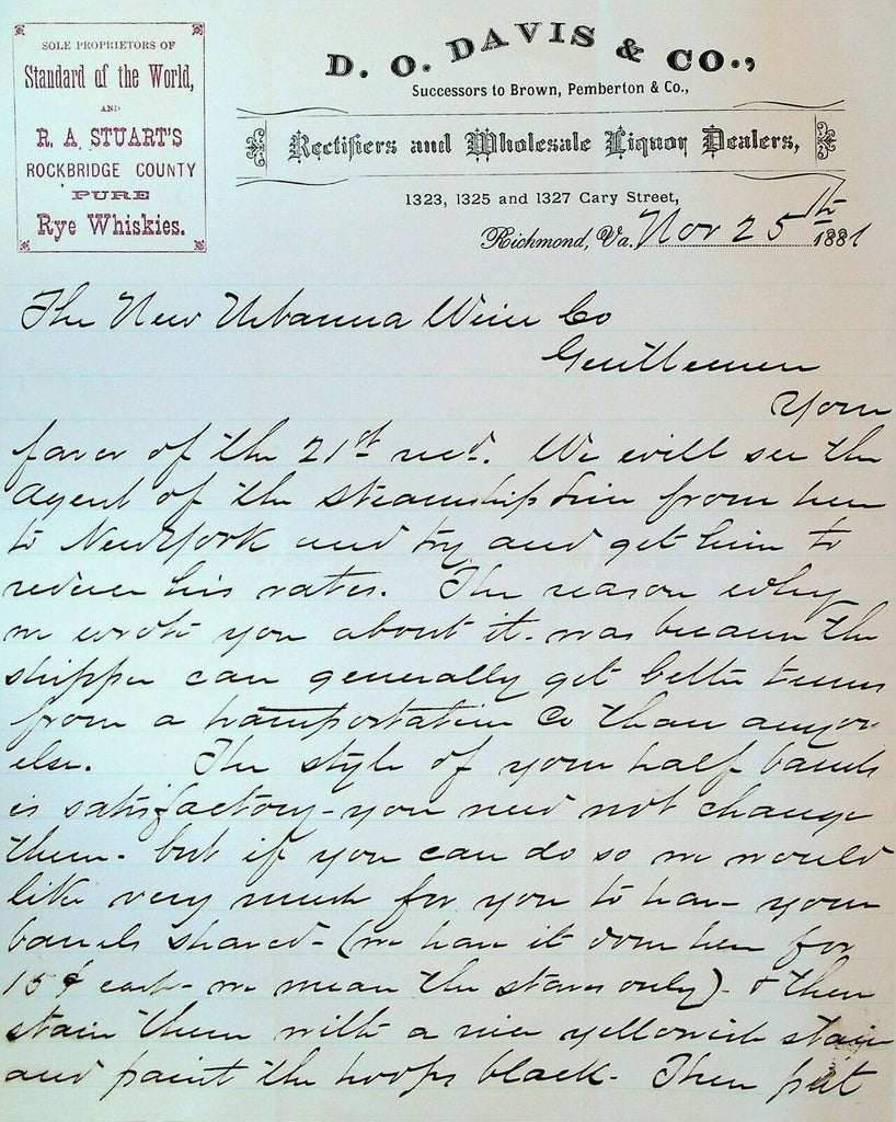DO Davis & Co Rectifiers & Wholesale Liquor Dealers 1887 Letterhead Richmond Va
