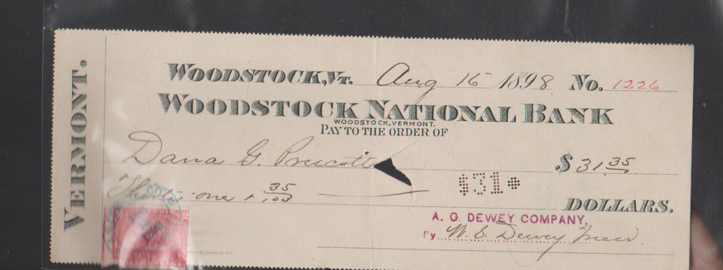 Woodstock National Bank Vermont Used Check 1898 Revenue Stamp