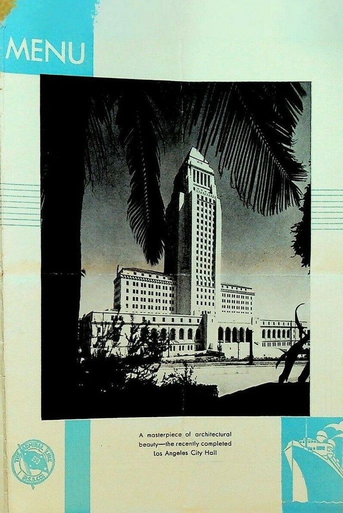 SS Admiral Farragut Menu June 17 1931 Art Deco Los Angeles City Hall