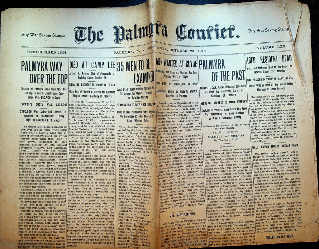 Palmyra NY Courier October 23 1918 WWI YMCA Soldiers Baseball