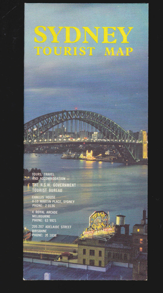 Sydney Australia Tourist Map (1960s) NSW Government Tourist Bureau