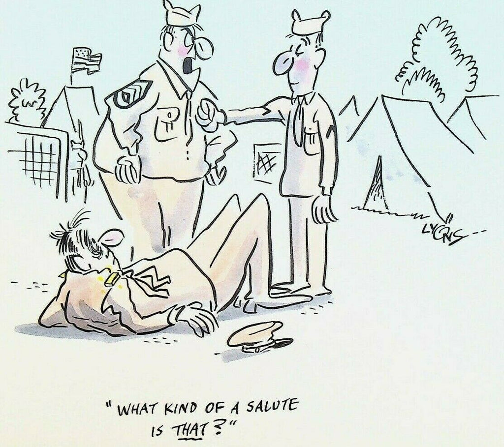 Original Comic Art Gag Joke Panel GI Private Punches Officer in Salute
