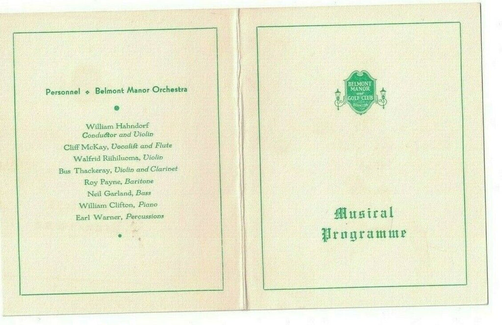 Belmont Manor & Golf Club Bermuda Musical Programme July 12 1936 Cliff McKay