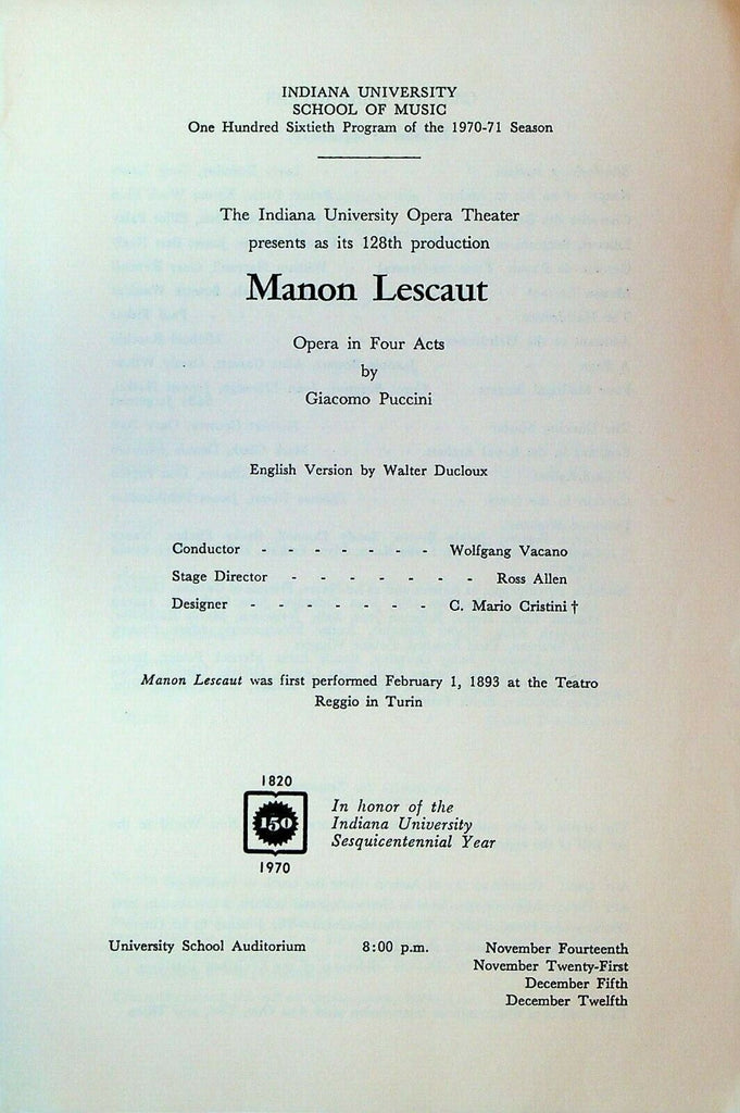 Manon Lescaut 1970 Program Indiana University Opera Theater Giacomo Puccini