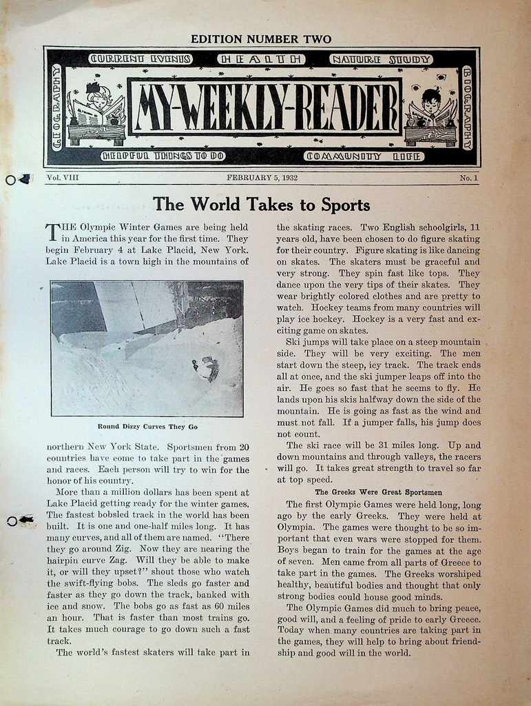 My Weekly Reader Magazine February 5 1932 Olympic Winter Games Lake Placid