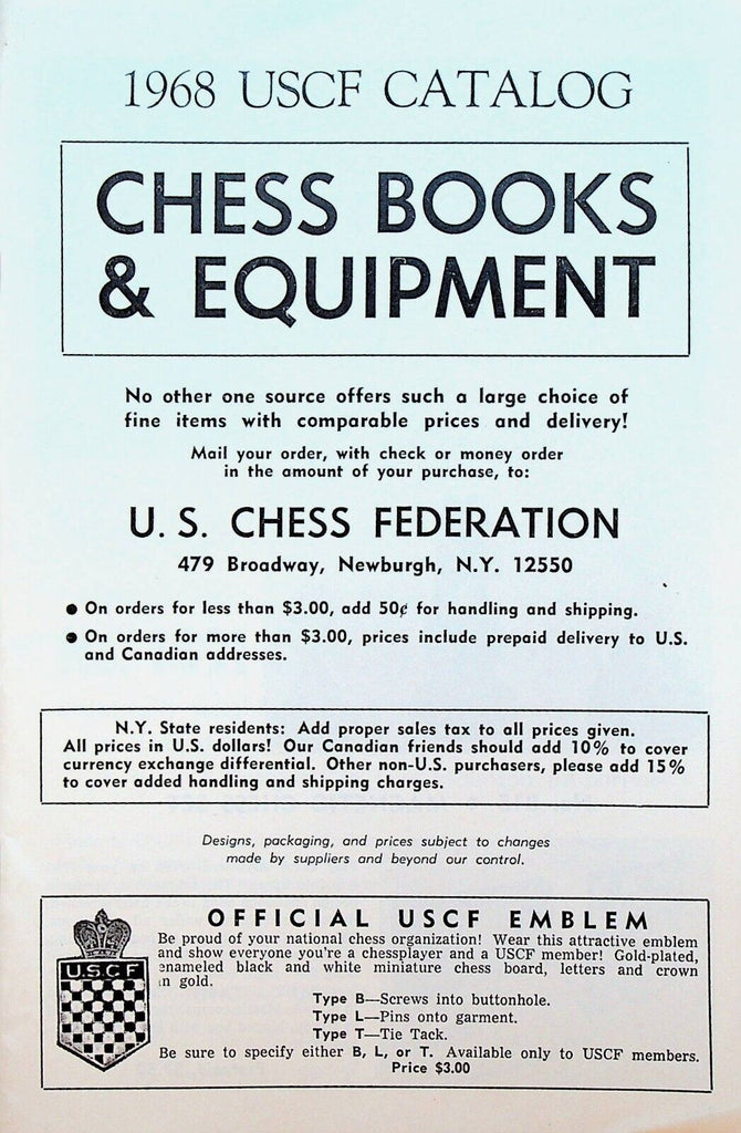 US Chess Federation Chess Books & Equipment Catalog 1968 USCF