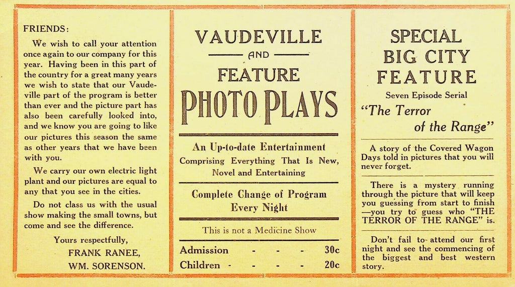 Ranee & Sorenson Vaudeville & Feature Photo Plays Terror of the Range 1920s