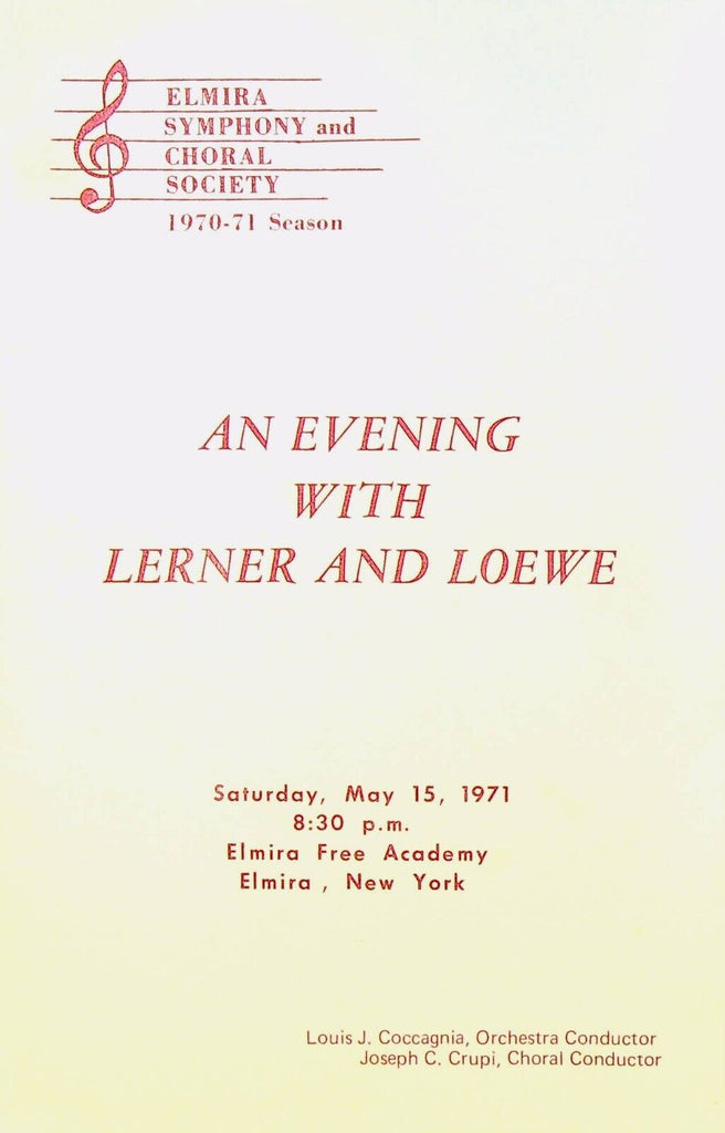 An Evening With Lerner & Loewe Program Elmira NY Symphony & Choral Society 1971