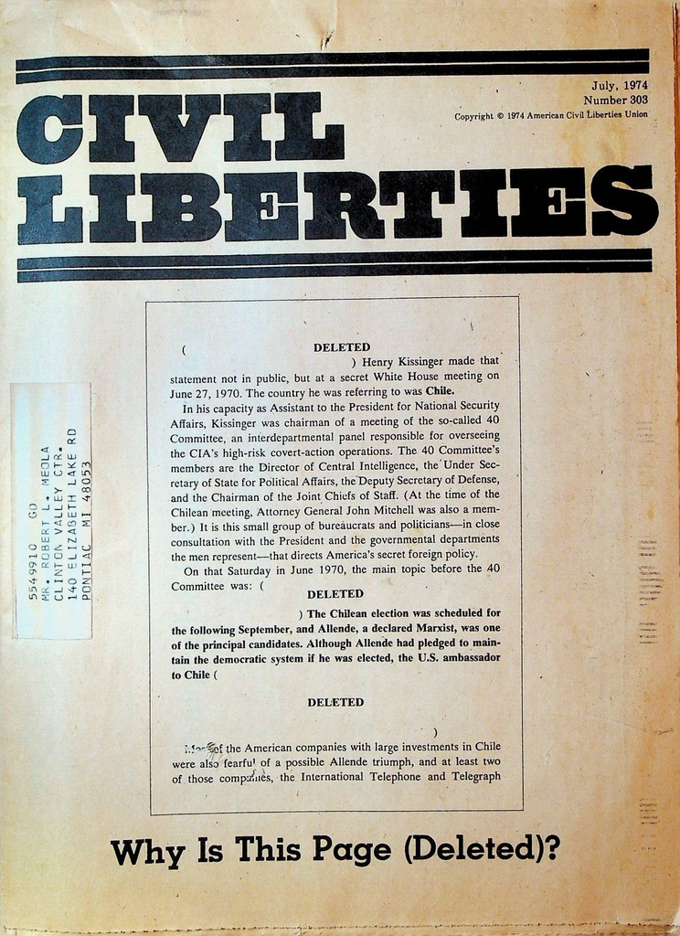 Civil Liberties Magazine 303 July 1974 Chile Election Symbionese Liberation Army
