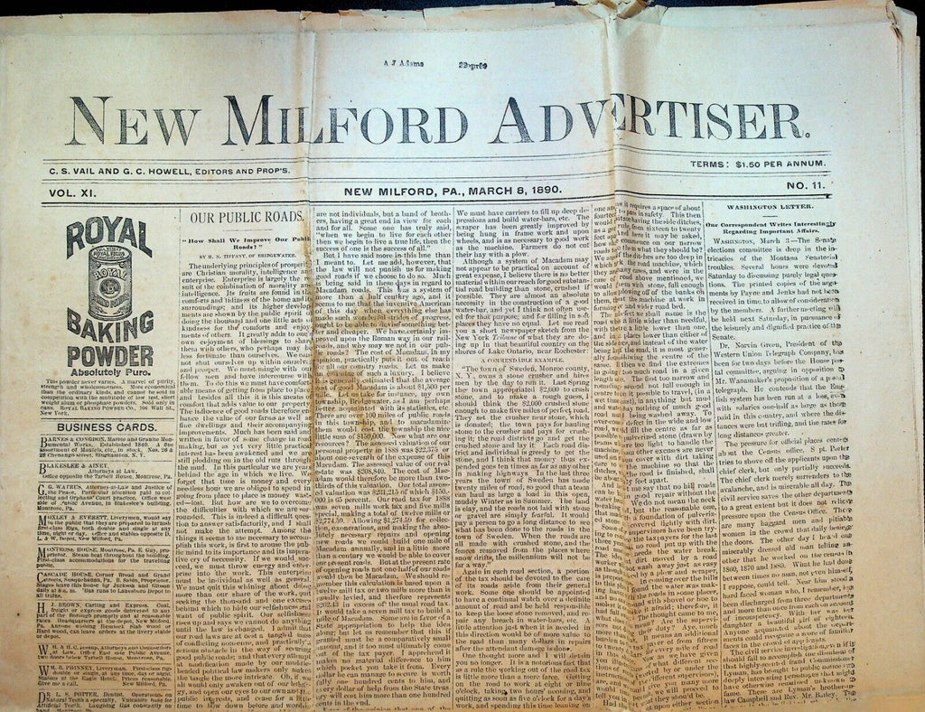 New Milford Pa Advertiser Newspaper March 8 1890 Wilkes Barre Coal Mines