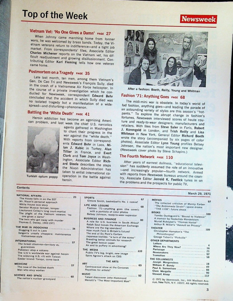 Newsweek Magazine March 29 1971 Fashion Vietnam War Heroin Elmore Smith
