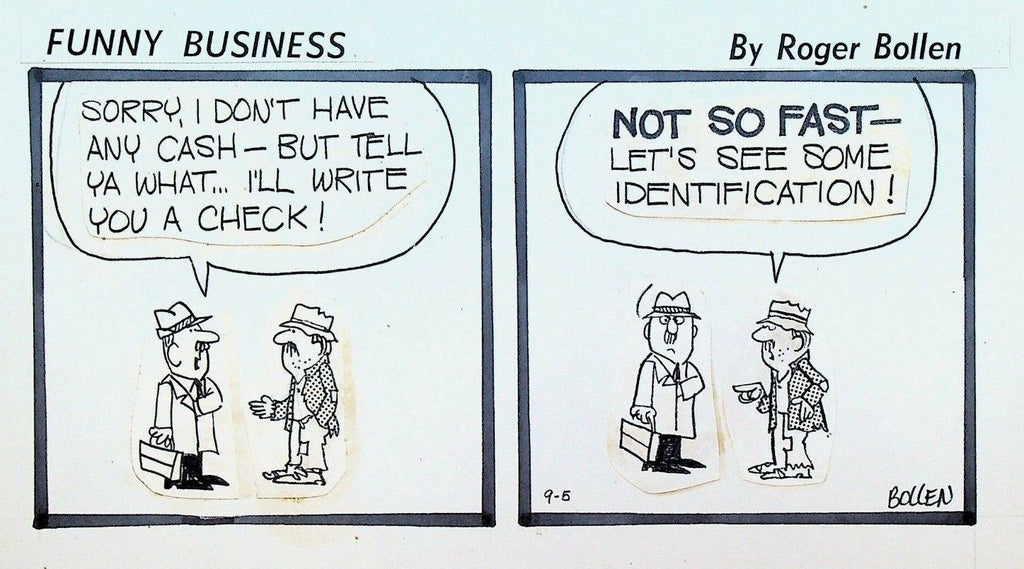 Funny Business Original Comic Strip Art Rog Bollen Businessman & Beggar