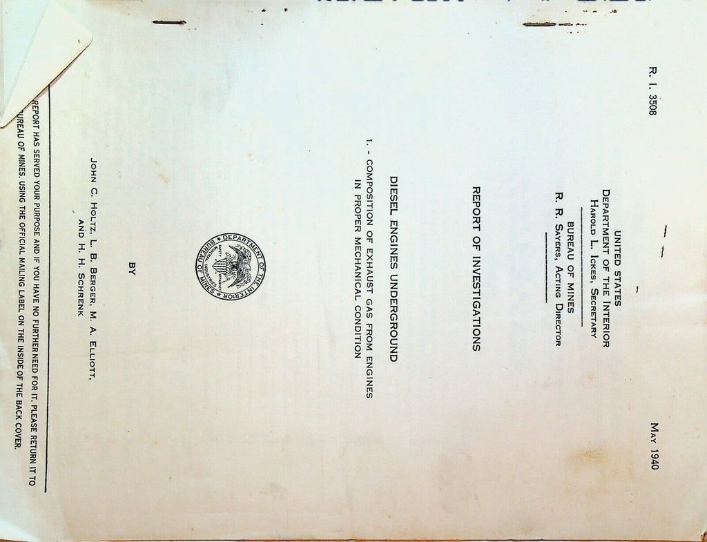 Bureau of Mines Investigation Report May 1940 Diesel Engines Underground