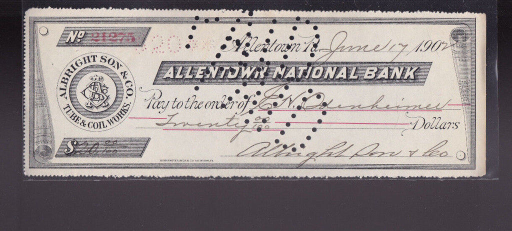 Allentown National Bank Pa Check 1902 Albright Son & Co Tube & Coil Works