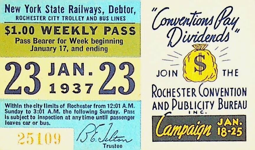 Rochester City Trolley & Bus Lines Pass January 23 1937 Convention Bureau