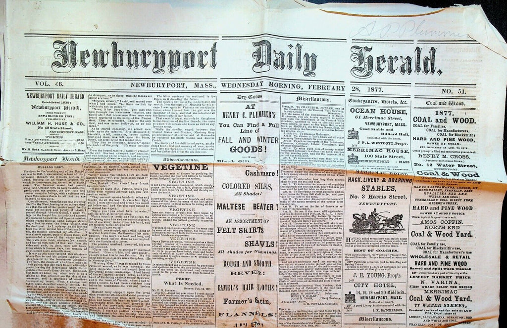 Newburyport Daily Herald Newspaper February 28 1877 Presidential Succession Ads