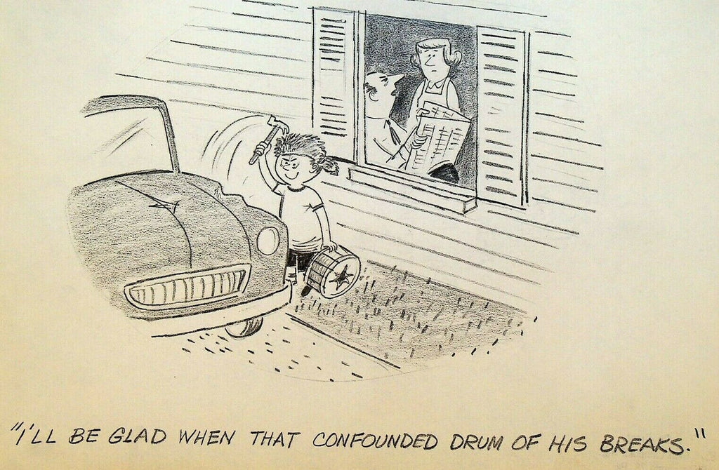 Lee DeGroot Original Art Gag Boy Coonskin Cap Drum Beating on Car