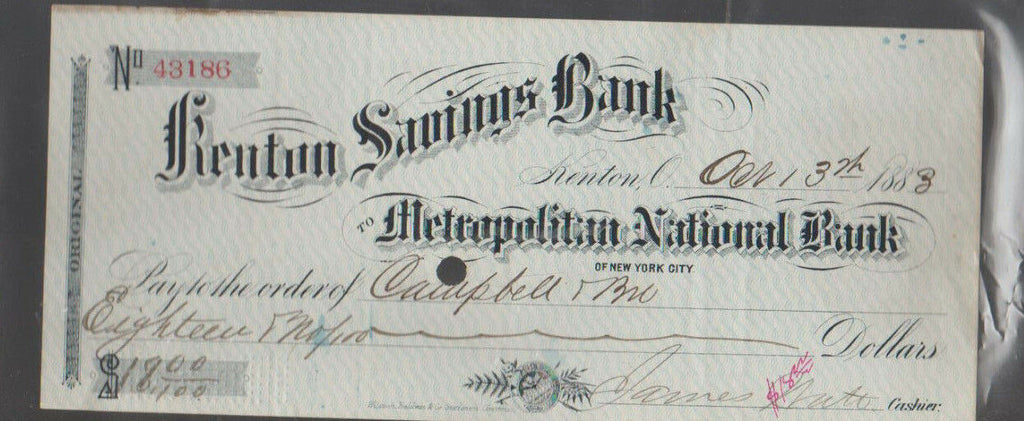 Kenton Savings Bank to Metropolitan National Bank Used Check 1883 Ohio