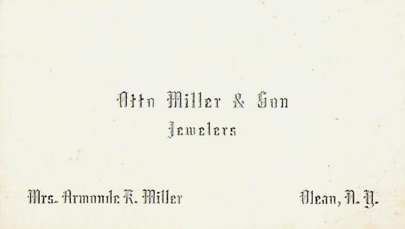 Otto Miller & Son Jewelers Business Card Olean NY Mrs Armande Miller 1940s