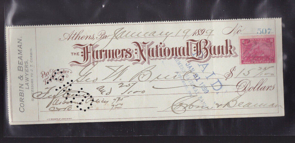Farmers National Bank Used Bank Check 1899 Athens Pennsylvania Revenue Stamp