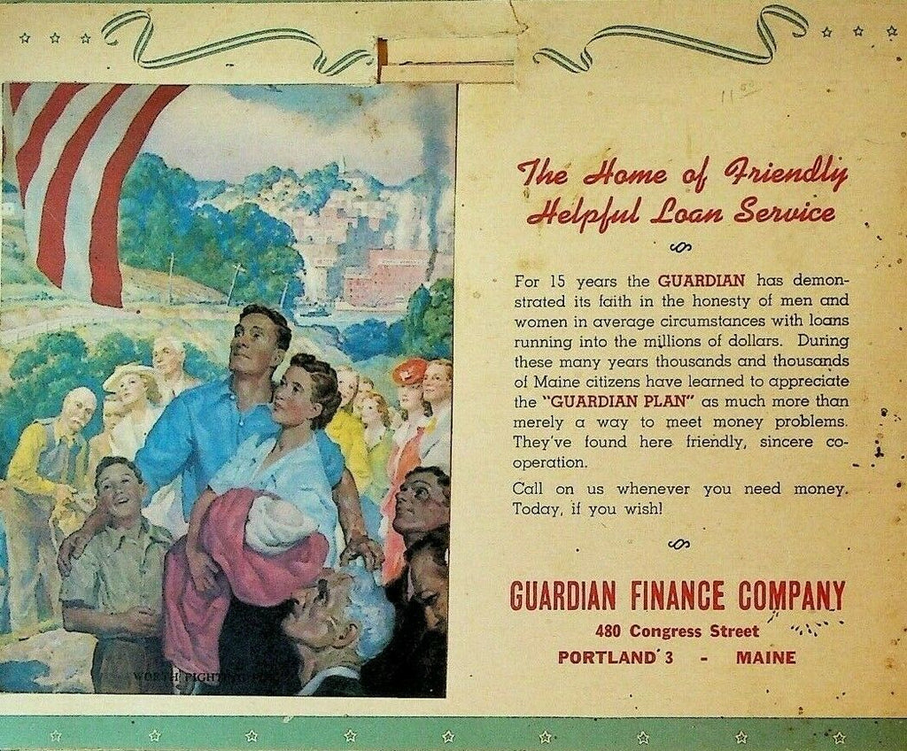 Guardian Finance Company Portland Maine 1944 World War II Era Calendar Rationing