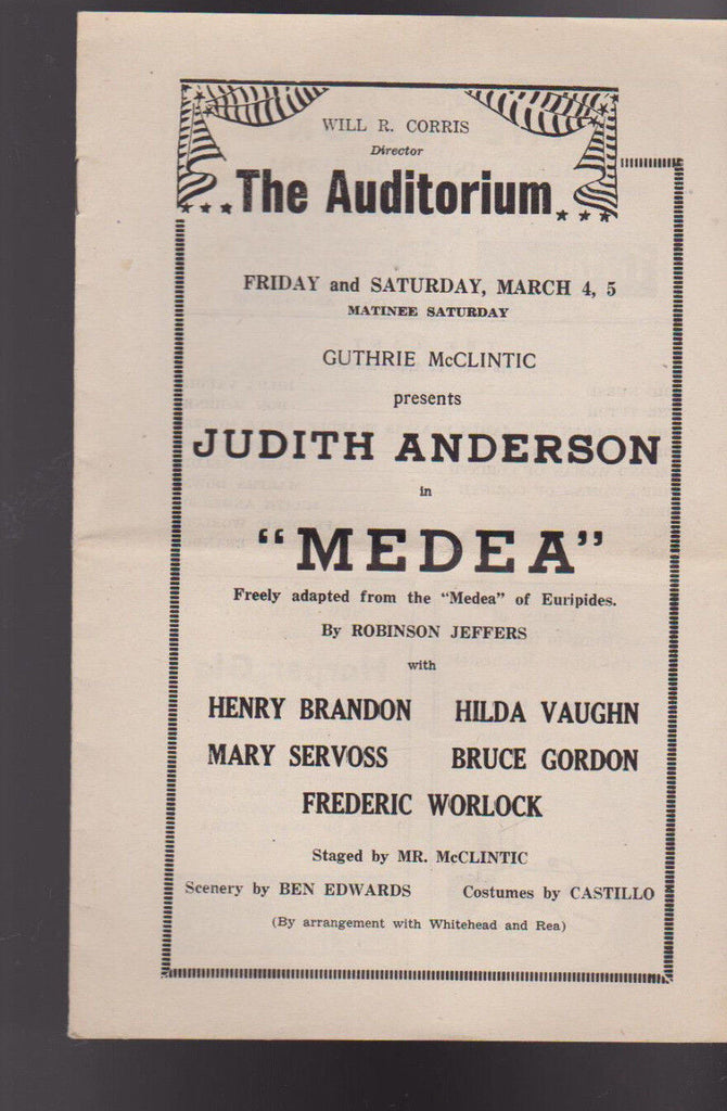 Medea Judith Anderson 1949 Program Auditorium Rochester NY
