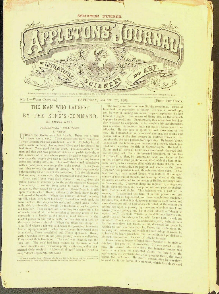 Appletons' Digest March 27 1869 Victor Hugo The Man Who Laughs Specimen Issue