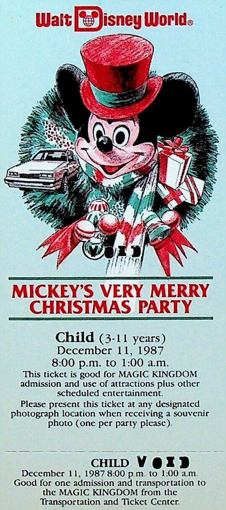 Mickey Mouse's Very Merry Christmas Party Child Ticket 1987 WDW