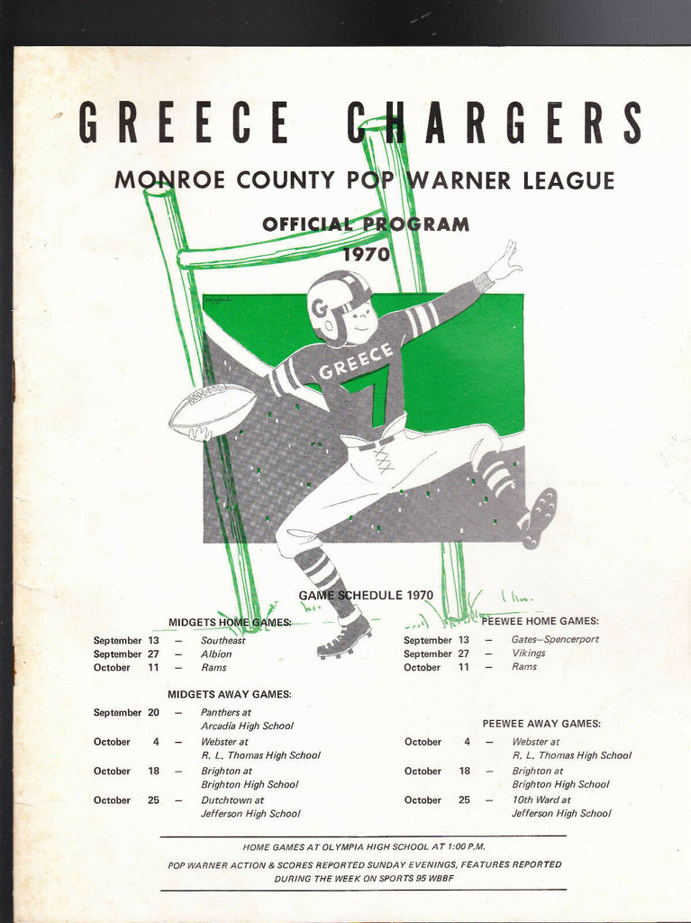 Greece Chargers NY Monroe County Pop Warner Football Official 1970 Program