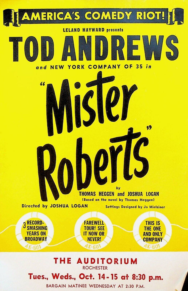 Mister Roberts Tod Andrews Handbill October 14 1952 Rochester NY