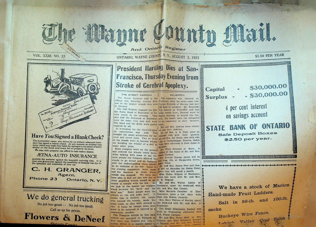 Wayne County Mail August 3 1923 President Harding Dies Kewpie Doll Buicks