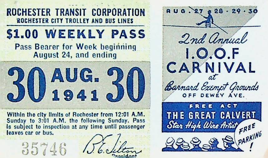 Rochester City Trolley & Bus Lines Pass August 30 1941 IOOF Carnival