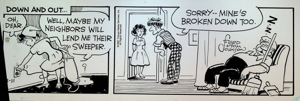 Moon Mullins Original Comic Strip Art Ferd & Tom Johnson March 11 1987 Vacuum