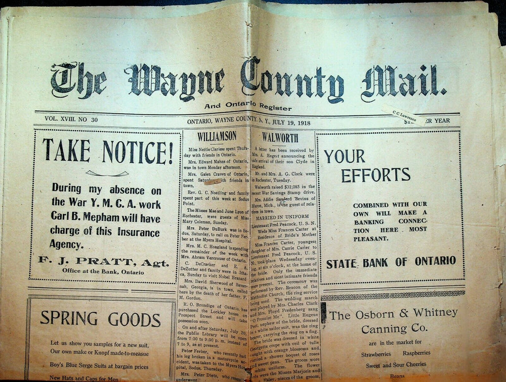 Wayne County Mail July 19 1918 Newspaper NY WWI Red Cross
