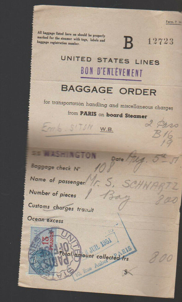 United States Line Baggage Order SS Washington 1951 w French Timbre Fiscal Stamp