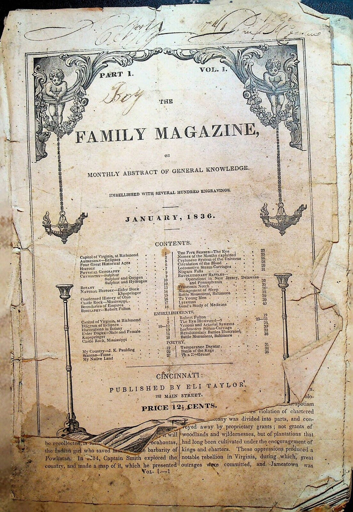 Family Magazine January 1836 FIRST ISSUE Revolutionary War Battle Map Train