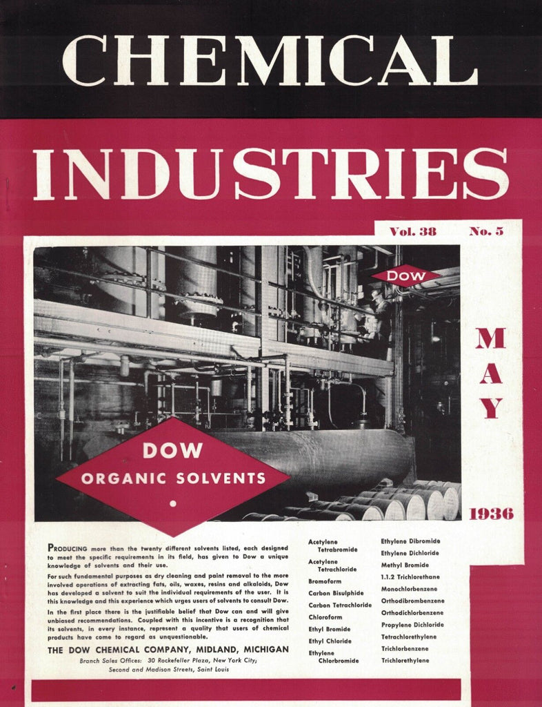 Chemical Industries Magazine May 1936 Dow Organic Solvents Cryolite