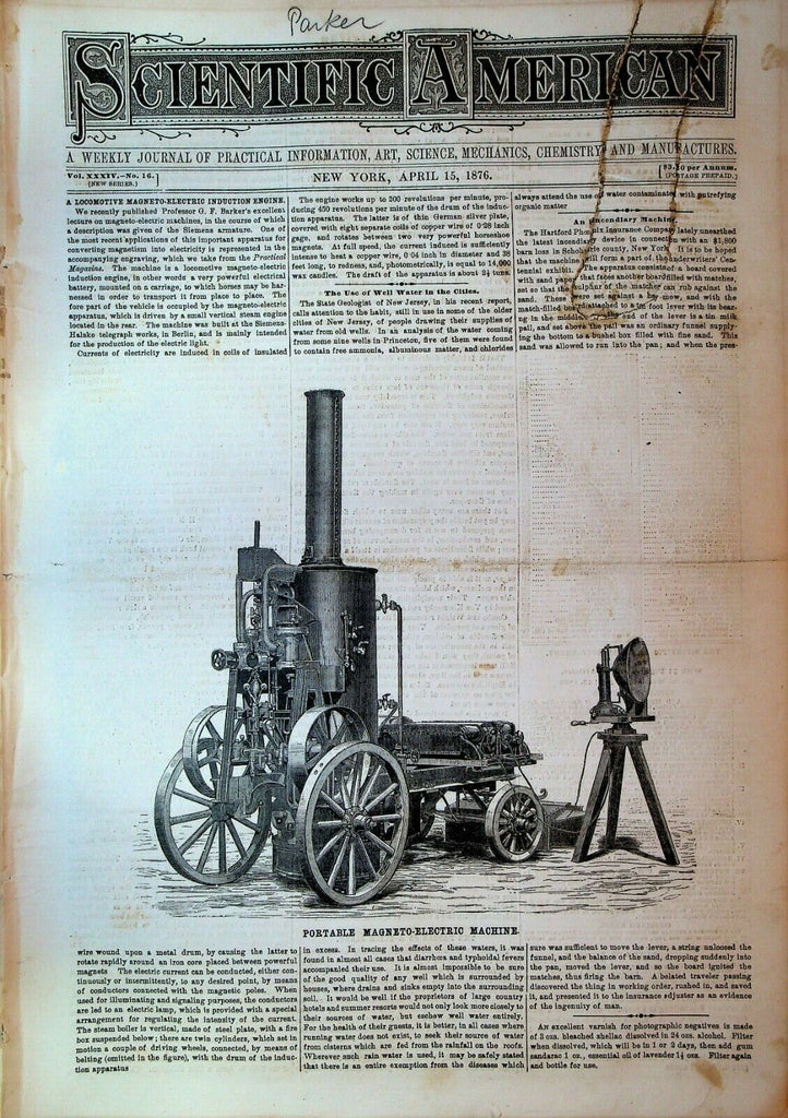 Scientific American April 15 1876 Magneto Electric Machine Boiler Testing