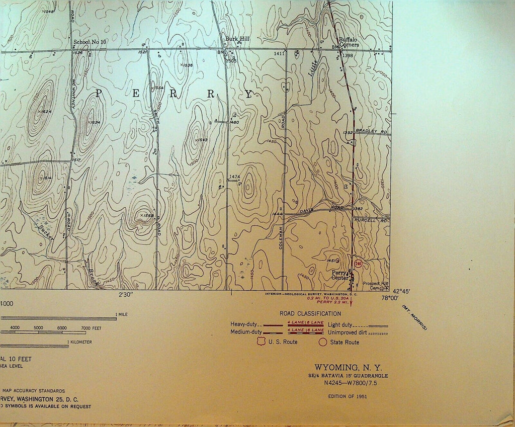 Wyoming NY Quadrangle Geological Survey Topographical Map 1951