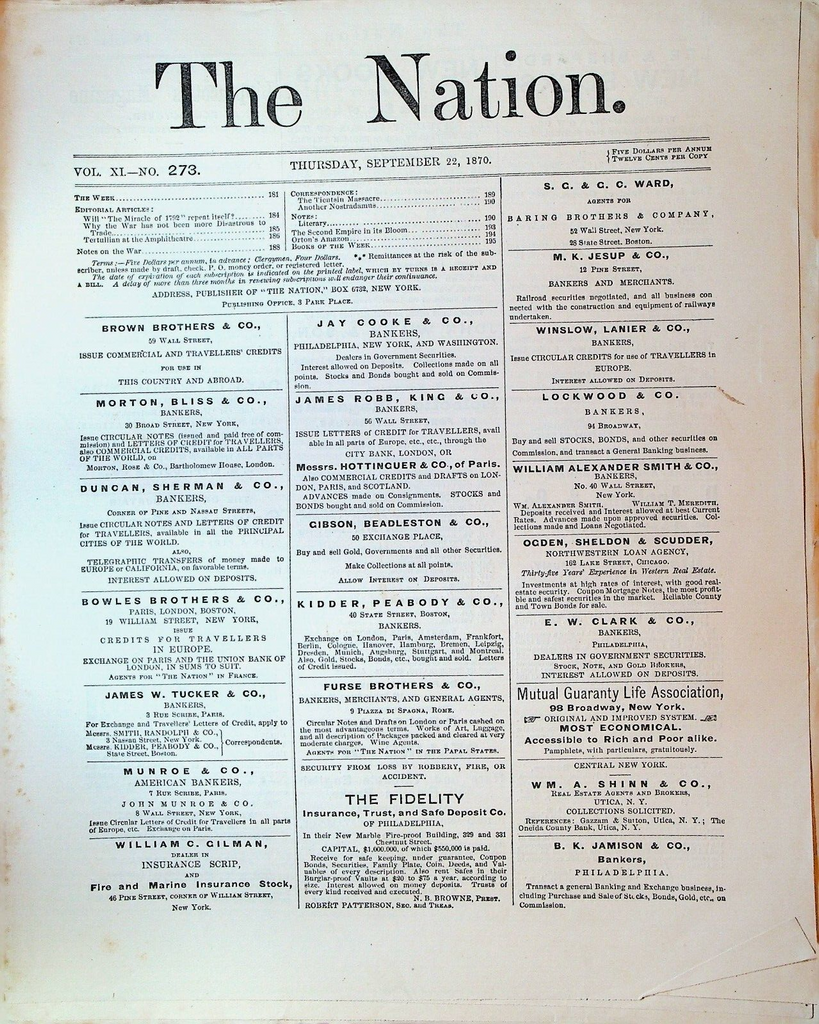 The Nation Magazine September 22 1870 Franco Prussian War Tianjin Massacre