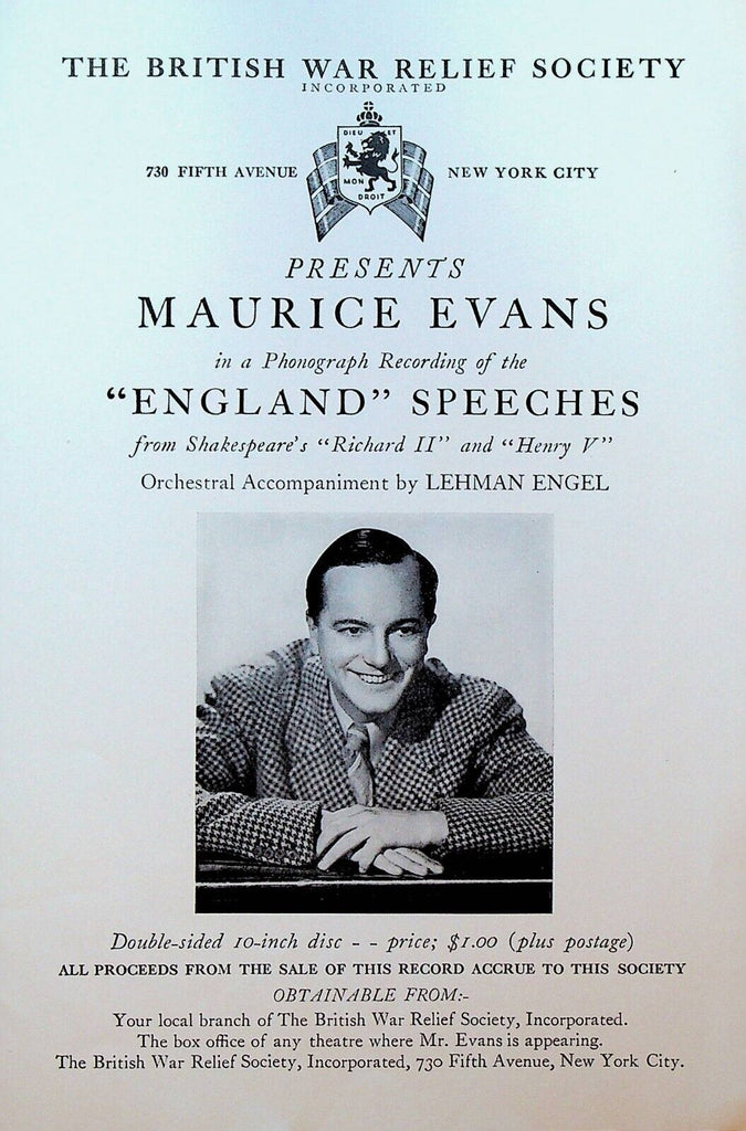 Maurice Evans England Speeches William Shakespeare Ad Sheet 1940s WWII