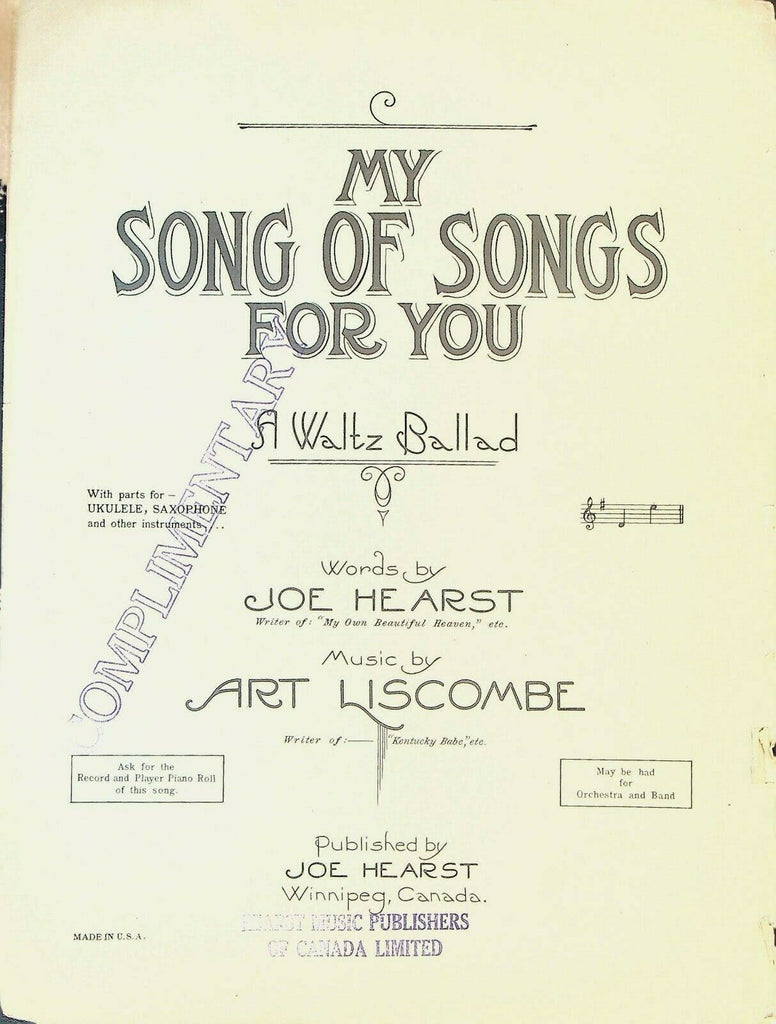 My Song of Songs for You Waltz Ballad Sheet Music Joe Hearst 1931 Winnipeg