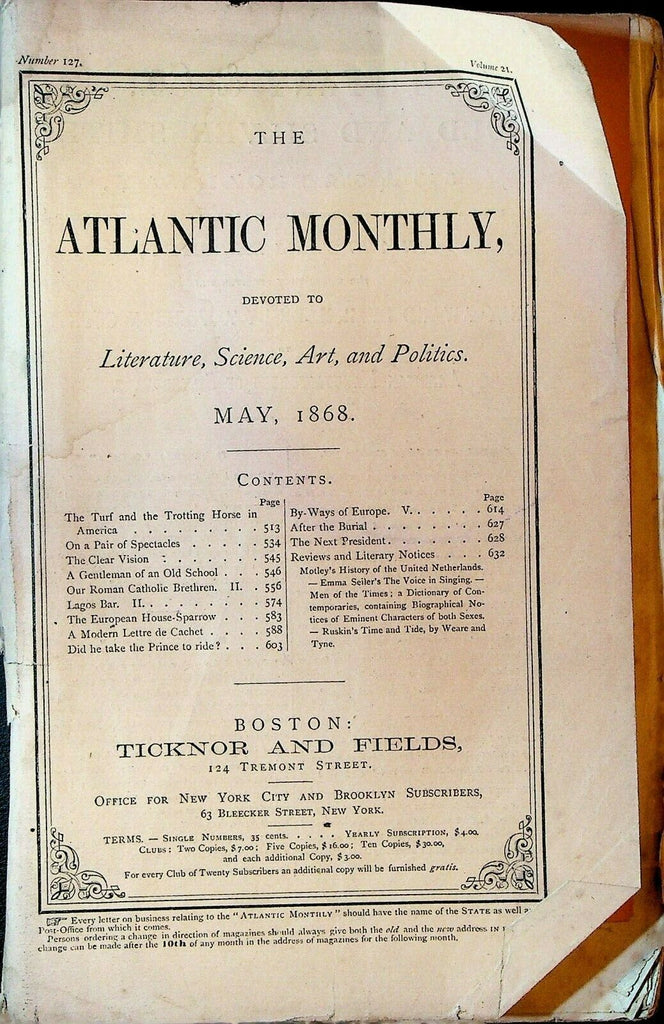 Atlantic Monthly May 1868 Turf & Trotting Horse Roman Catholics