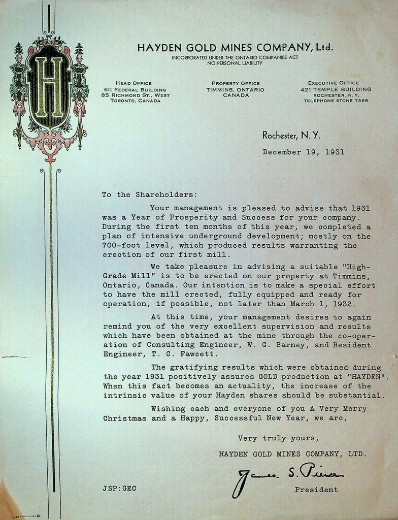 Hayden Gold Mines Company Letterhead Toronto Canada December 19 1931 Shareholder