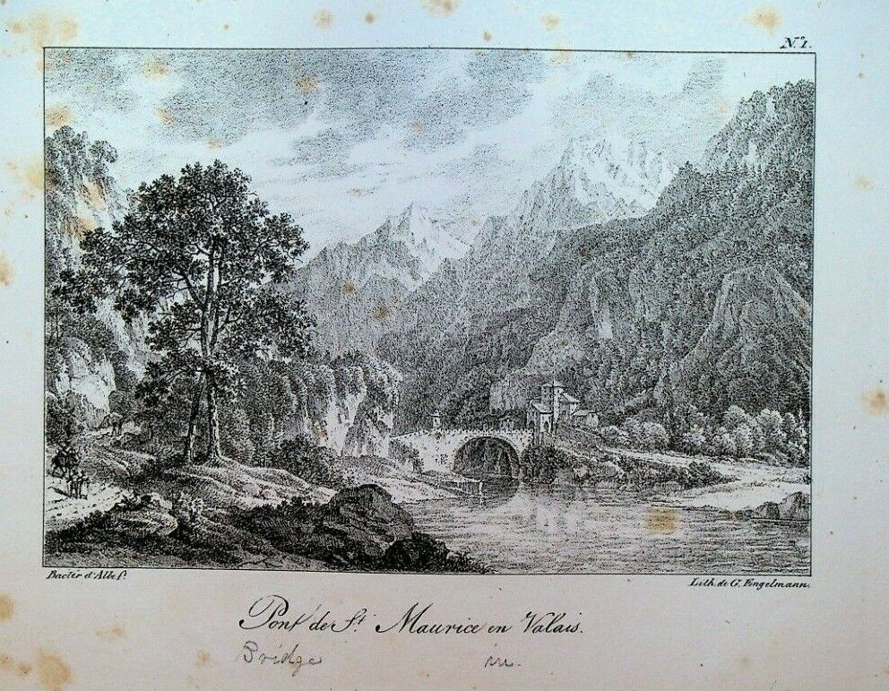 Godefroy Engelmann Lithograph 1820s Pont de St Maurice en Valais #1