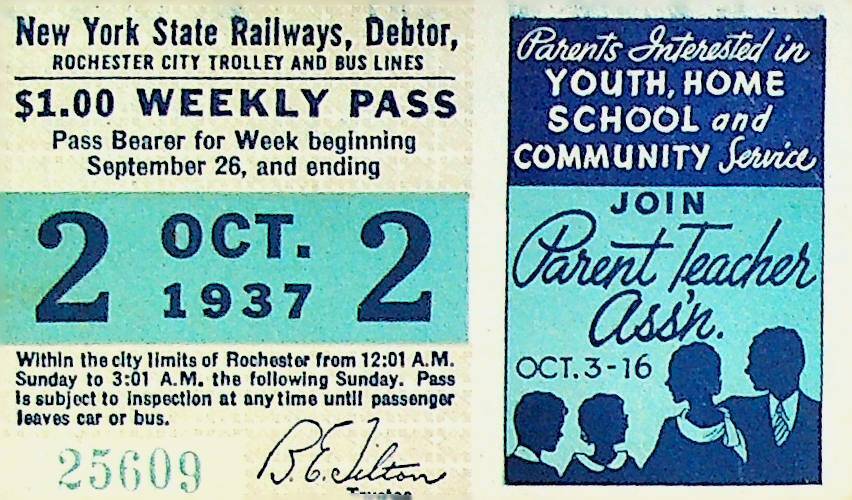 Rochester City Trolley & Bus Lines Pass October 2 1937 PTA