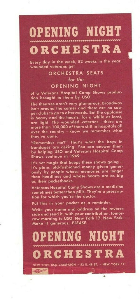 New York USO Campaign Ad Sheet 1949 Opening Night Orchestra Tickets