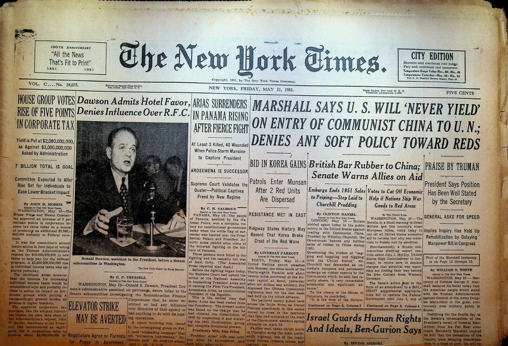 The New York Times May 11 1951 Korean War India Ben-Gurion Israel Panama