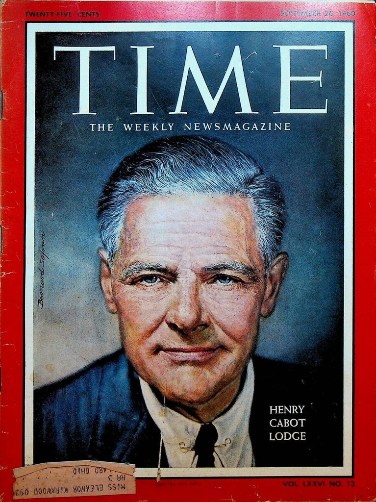 Time Magazine September 26 1960 Henry Cabot Lodge Jackie Kennedy
